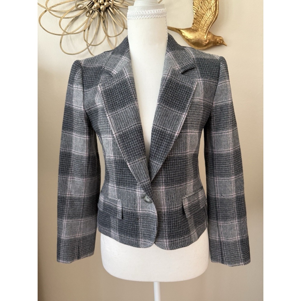 Vintage Pendleton Petite Gray Pink Plaid Virgin Wool Blazer Jacket USA 4 32
